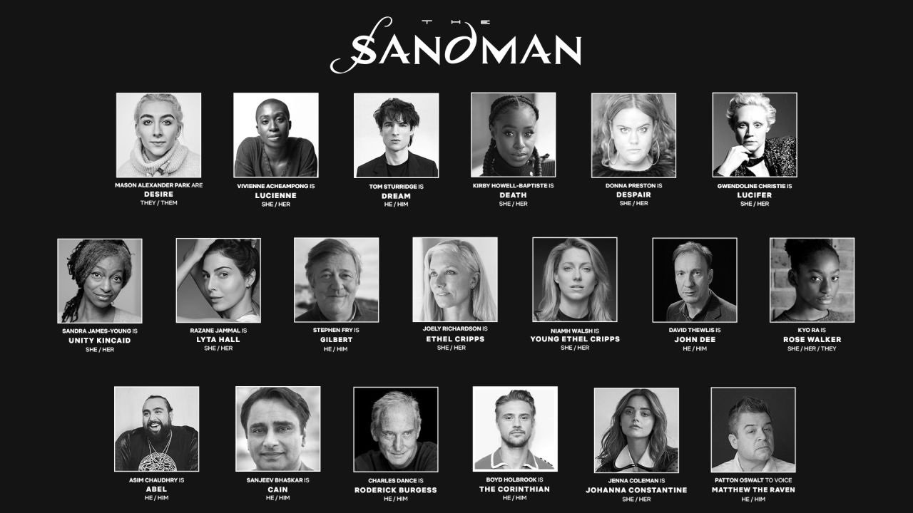 Elenco de Sandman anunciado anteriormente pela Netflix. (Netflix/Reprodução)