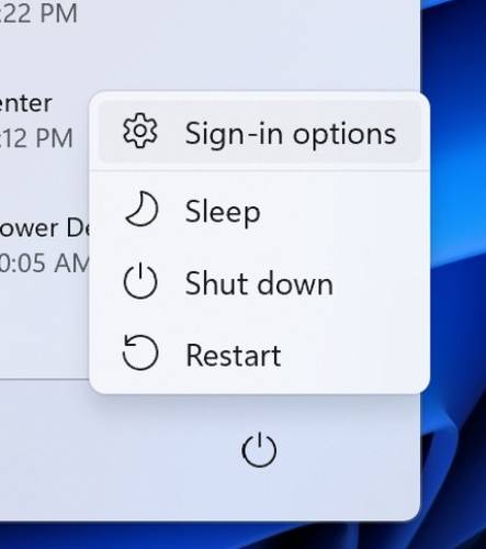 Opções de login adicionadas no botão de energia do menu Iniciar.