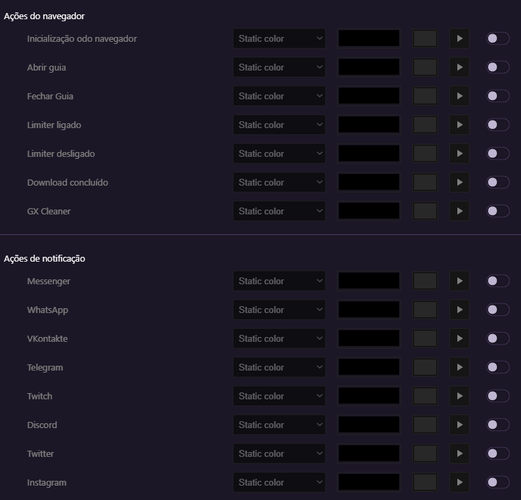 Painel de controle de ações que modificarão os acessórios da Corsair