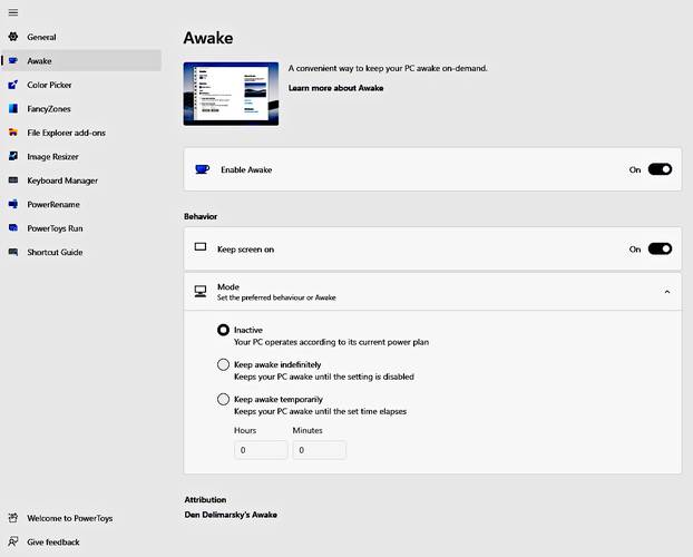 PowerToy Awake não deixa o PC hibernar (Fonte: Microsoft/Divulgação.)