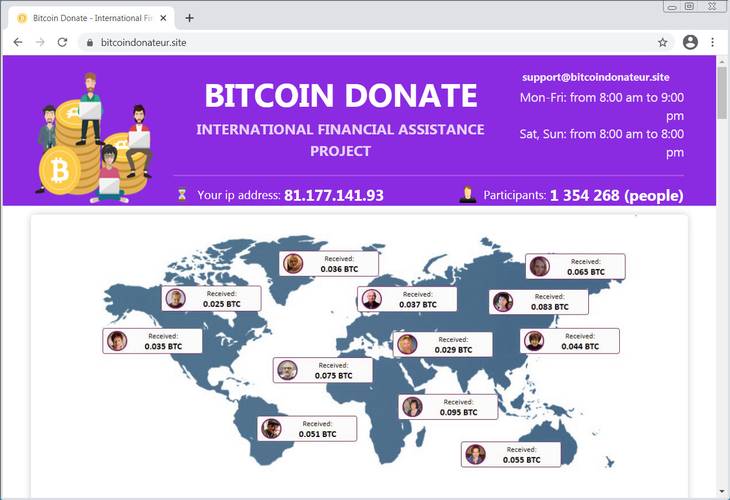 Usuário é levado a crer que está recebendo doação de bitcoin, mas na verdade é um golpe. (Fonte: Bleeping Computer/Reprodução)