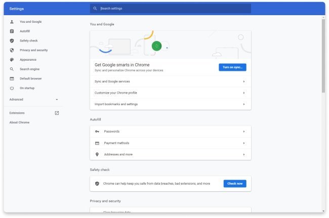 Nova página de configuração do Chrome.