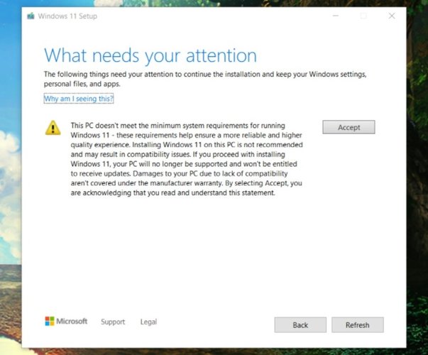 A janela com o aviso de que o seu PC pode apresentar problemas que não são de responsabilidade da marca.