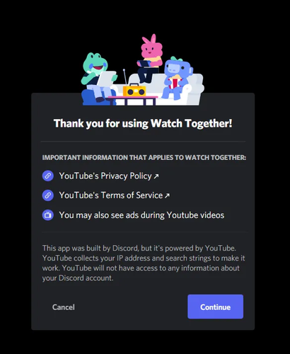 Aviso de privacidade a respeito do uso do YouTube no Discord