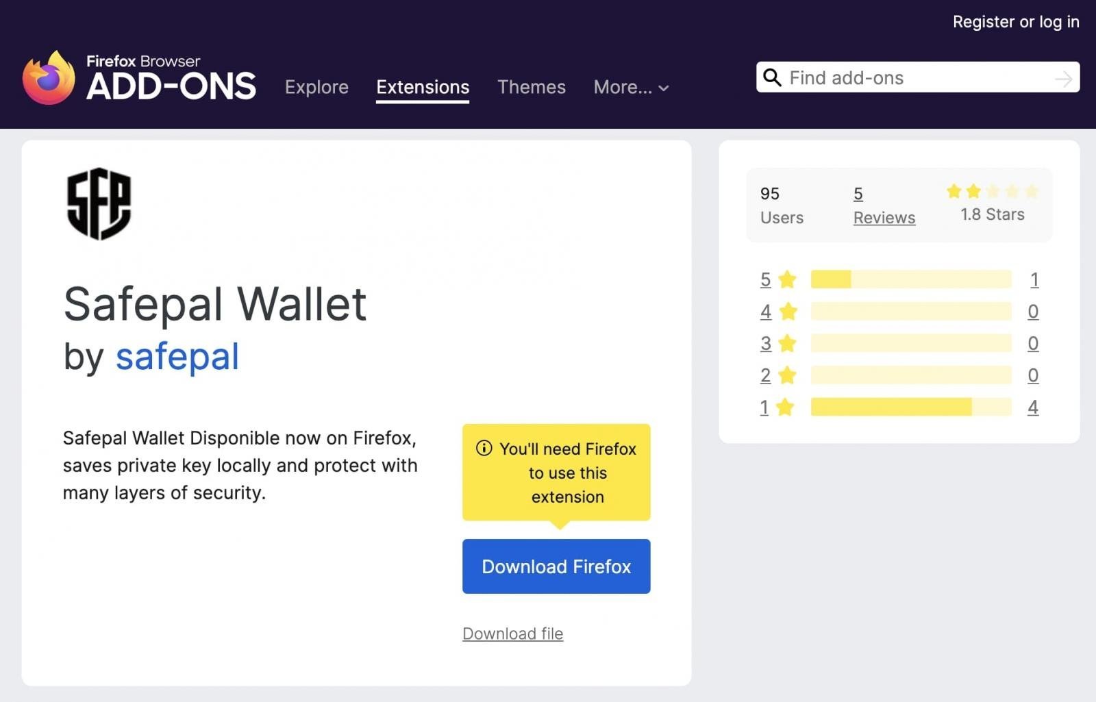 Página da extensão Safepal Wallet na loja do Mozilla Firefox.