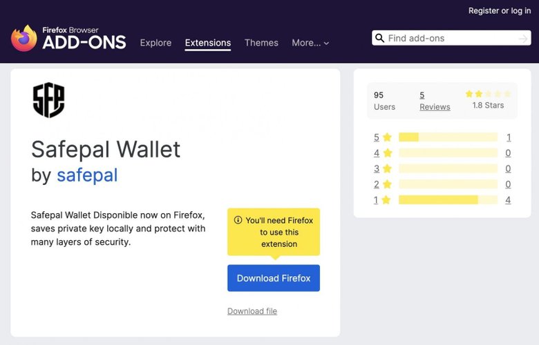 Página da extensão Safepal Wallet na loja do Mozilla Firefox.