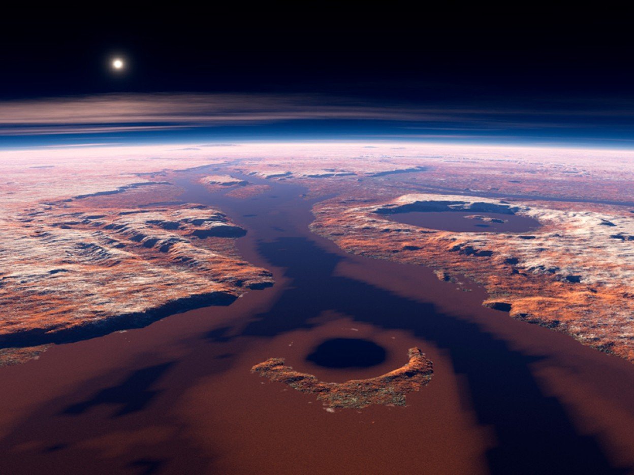 Representação artística da paisagem marciana com rios e lagos