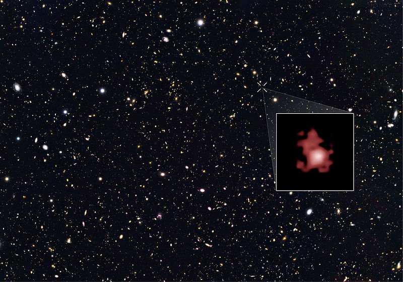 GN-z11, a galáxia mais velha já descoberta, formada quando o Universo tinha cerca de 400 milhões de anos
