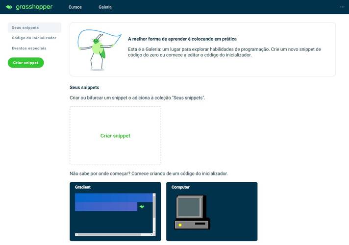A área Snippets traz uma galeria com projetos de outros estudantes do sistema de ensino