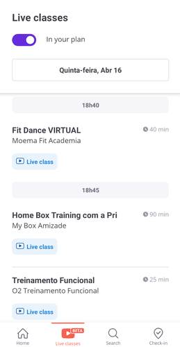 Além de treinos presenciais, usuários podem participar de aulas online ao vivo na plataforma mediante agendamento prévio