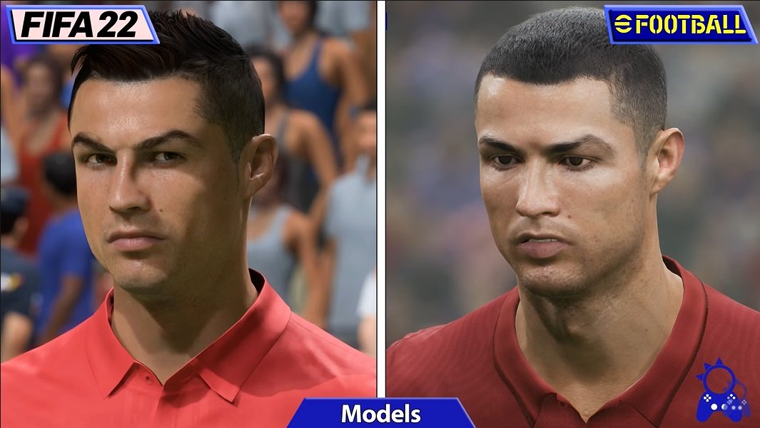 Compare como ficaram as feições do CR7 em FIFA 22 (esquerda) e no novo eFootball (direita)