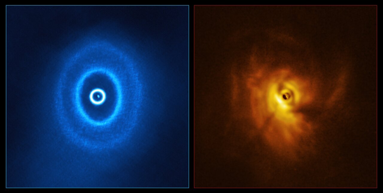 Imagens do sistema GW Ori feitas pelo telescópio ALMA.