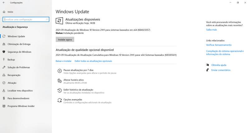 Patch KB5005611 deve ser instalado manualmente. (Fonte: Windows 10/Reprodução)