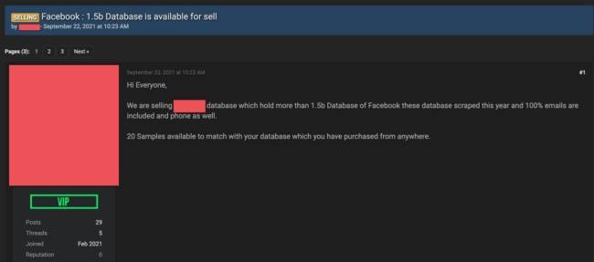 Anúncio divulgando o pacote na dark web.