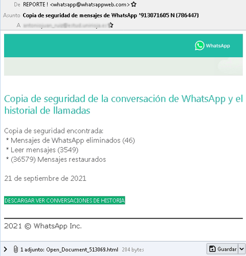 Imagem do e-mail falso que simula ser uma comunicação do WhatsApp.