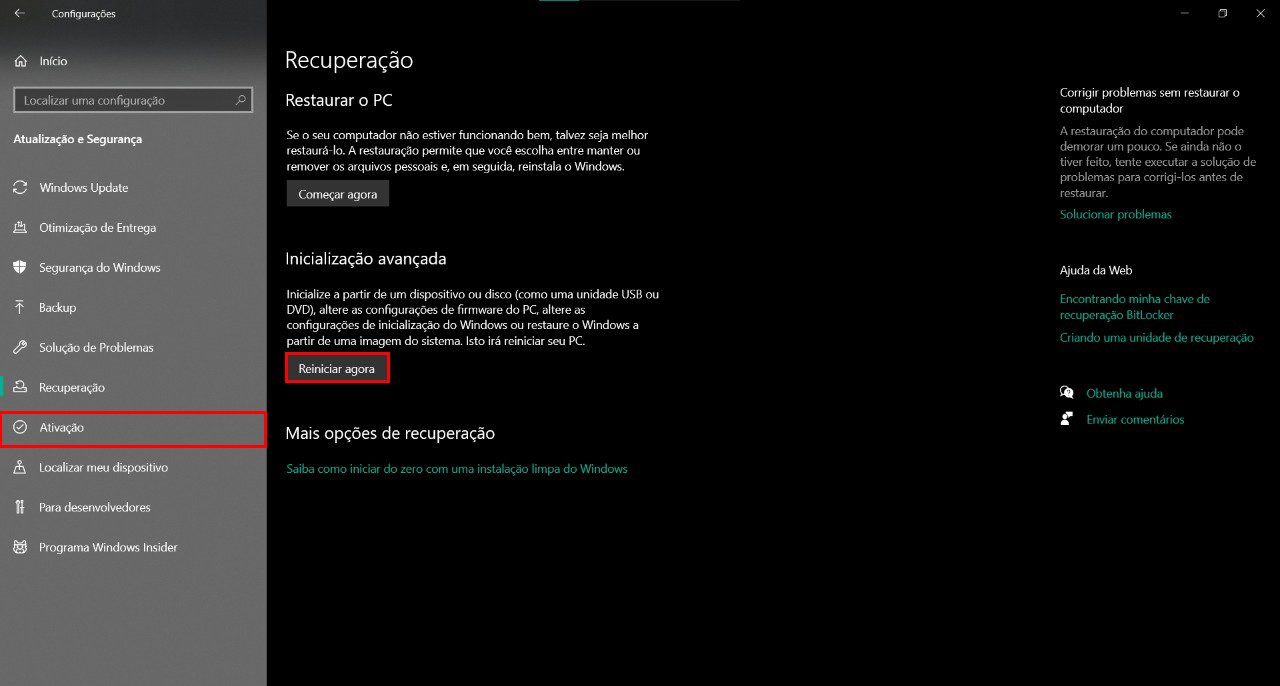 Caminho para acessar a BIOS através do aplicativo "Configurações", no Windows 10. (Fonte: TecMundo)