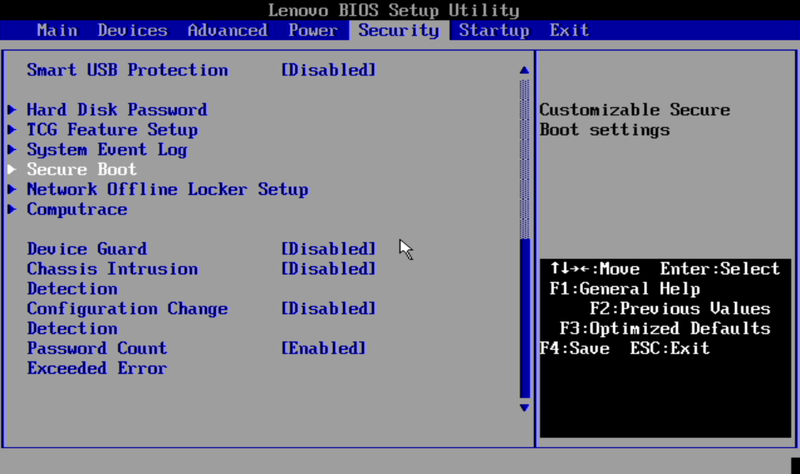 Opção para habilitar o "Secure Boot" na BIOS de um dispositivo da Lenovo. (Fonte: Lenovo / Reprodução)