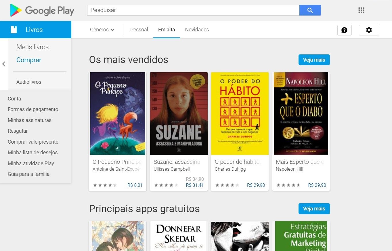 Página principal da Google Play Livros