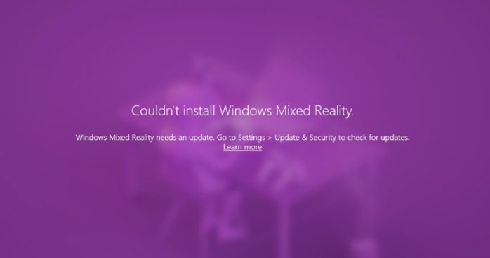 A janela de erro que aparece nos dispositivos Mixed Reality.