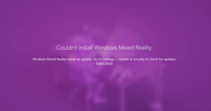 A janela de erro que aparece nos dispositivos Mixed Reality.