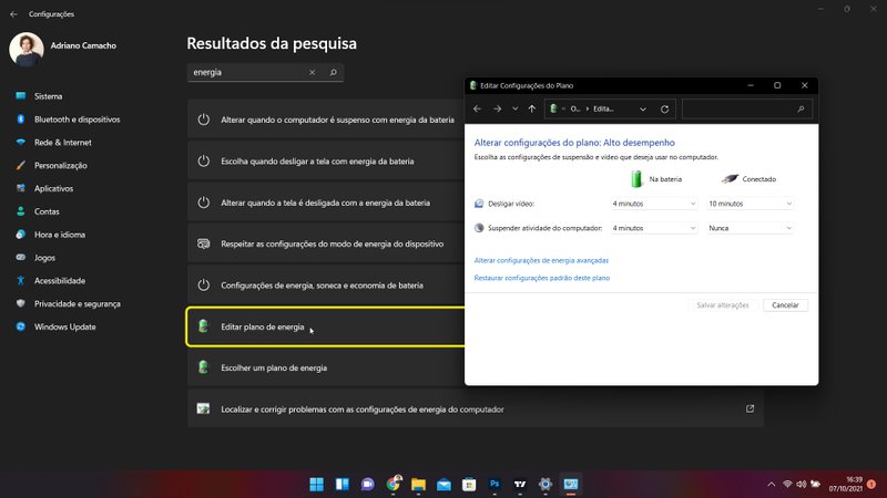 Editor de planos de energia no Windows 11. (Fonte: Adriano Camacho, TecMundo)