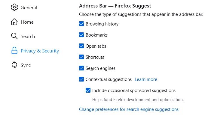 A forma de desligar as buscas contextuais nas opções do navegador.