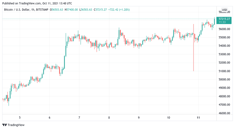 Gráfico de 1 hora do Bitcoin/Dólar, negociado na Bitstamp. (Fonte: Cointelegraph, TradingView / Reprodução)