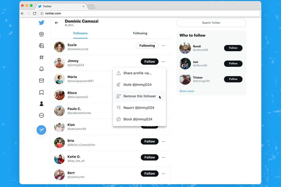 Exemplo de funcionamento do recurso "Remover Seguidor", no Twitter. (Fonte: The Verge, Twitter / Reprodução)