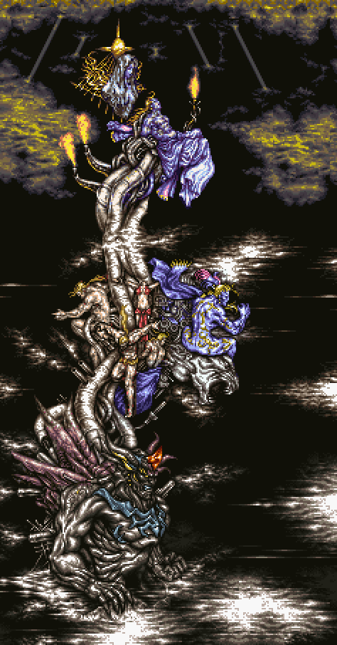 Todas as formas de Kefka na batalha final de Final Fantasy VI. (Fonte: Final Fantasy Wiki/Reprodução)
