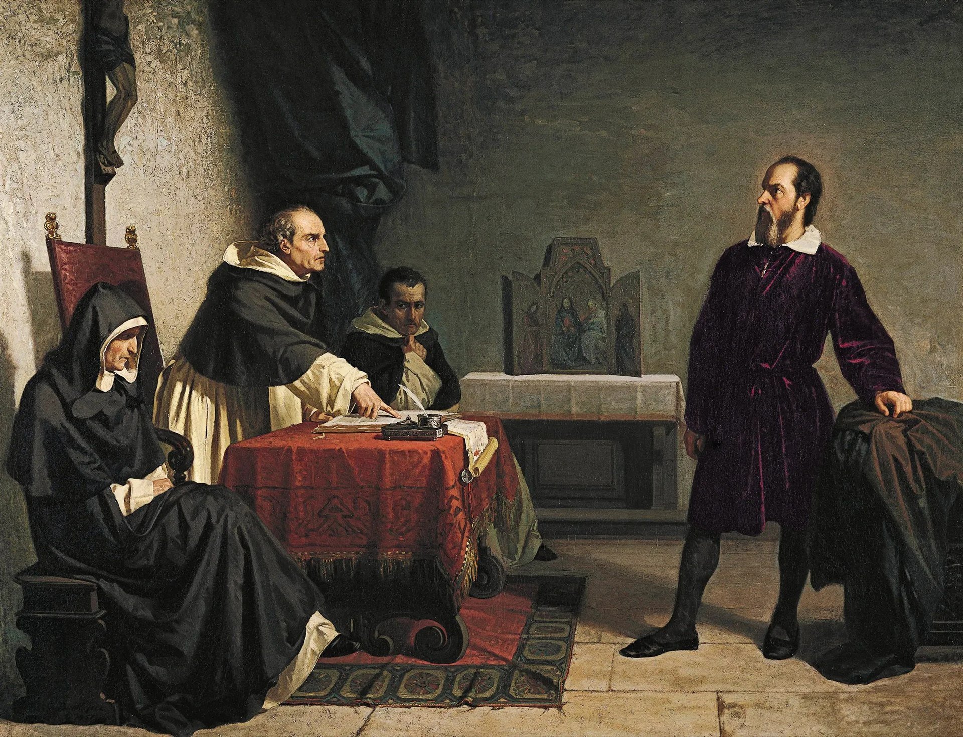 Galileu de frente para a Inquisição Romana, pintura de Cristiano Banti (1857).