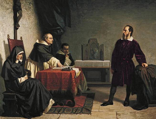 Galileu de frente para a Inquisição Romana, pintura de Cristiano Banti (1857).