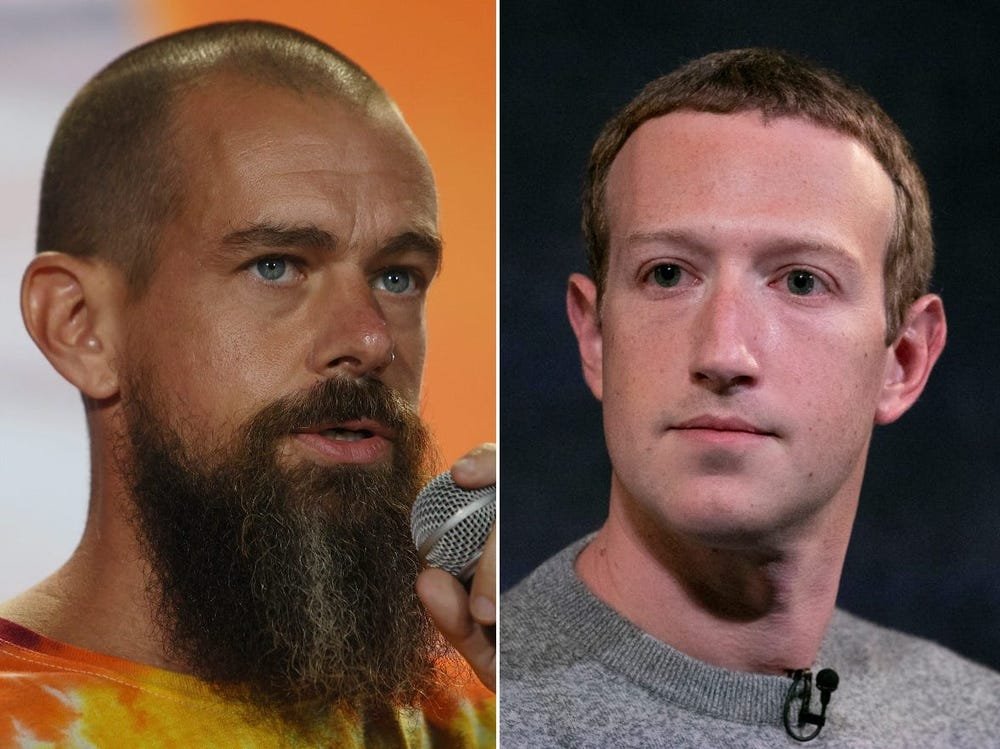 Jack Dorsey, CEO do Twitter (à esquerda), e Mark Zuckerberg, CEO do Facebook (à direita).