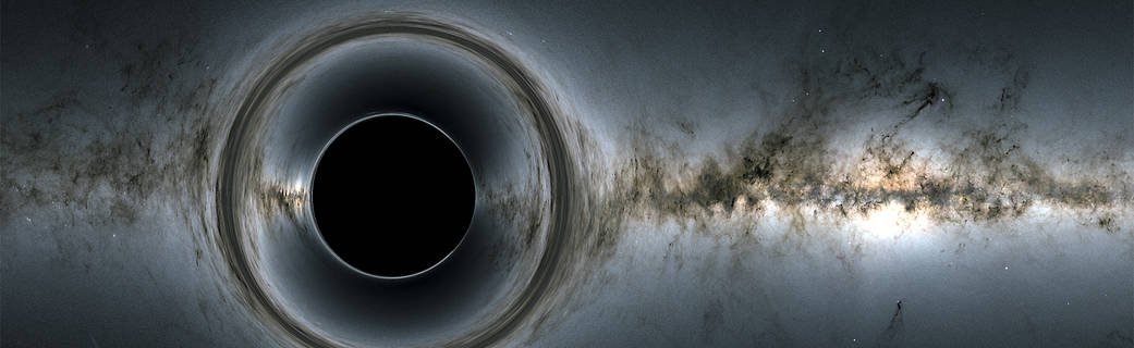 Simulação de um buraco negro supermassivo distorcendo a luz de fundo