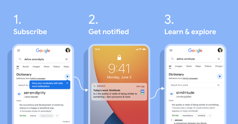 Ative as notificações após pesquisar pelo significado de uma palavra e aprenda uma palavra nova com o Google diariamente. (Fonte: Google / Reprodução)