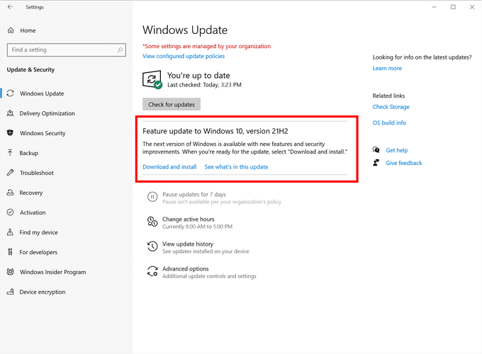 Tela de atualização para a versão "21H2", no Windows 10. (Fonte: Blog do Windows, Microsoft / Reprodução)