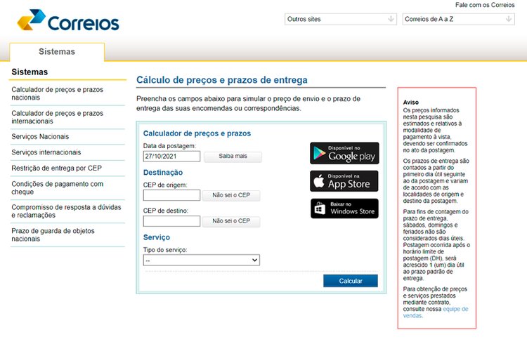 Página do Simulador Preços e Prazos Nacionais (Fonte: Correios/Reprodução)