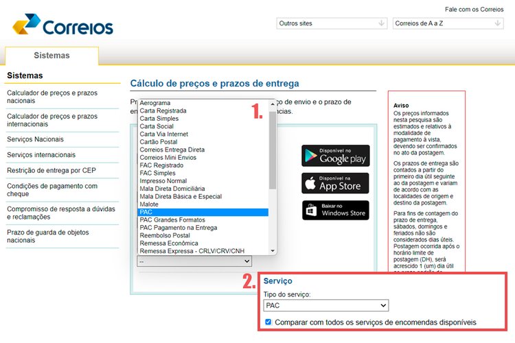  Página do Simulador Preços e Prazos Nacionais (Fonte: Correios/Reprodução)