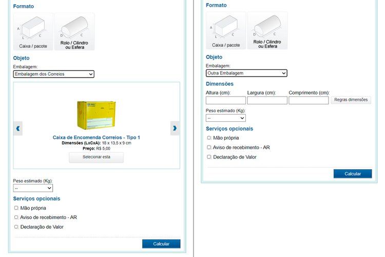 Opções de embalagem (Fonte: Correios/Reprodução)