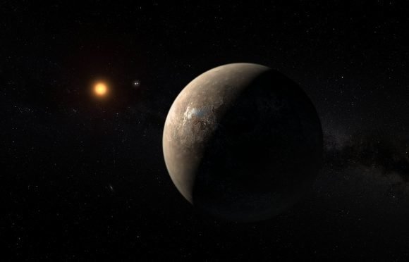 Concepção artística de Proxima Centauri b, exoplaneta de 1,3 massas terrestres que estaria na zona habitável de Proxima Centauri