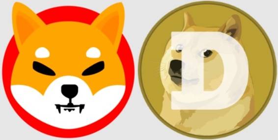 Os símbolos que representam a shiba inu (esquerda) e dogecoin (direita).