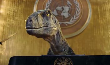 Dinossauro 'invade' ONU para fazer alerta sobre o clima; veja vídeo