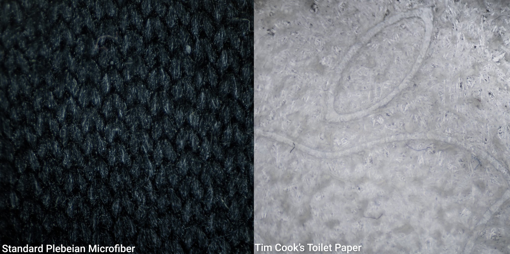 O pano comum "dos plebeus", na esquerda, ao lado do "papel higiênico do Tim Cook", como estabelece o iFixit. (Fonte: iFixit via 9to5 Mac / Reprodução)
