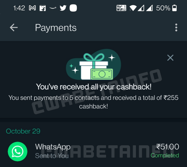 Tela do WhatsApp indicando que o usuário recebeu cashback.