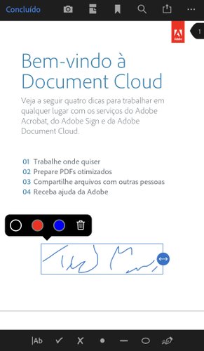 É possível escolher a cor e redimensionar a sua assinatura no documento