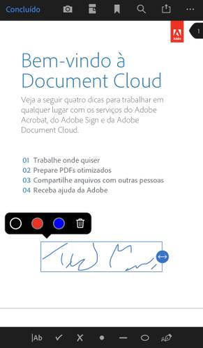 É possível escolher a cor e redimensionar a sua assinatura no documento