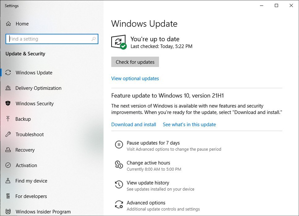 Tela do Windows Update, com a versão 