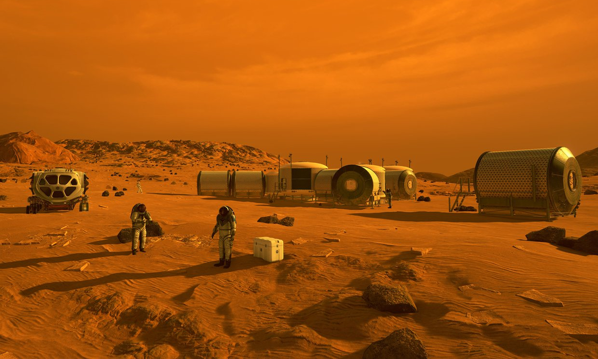 Arte conceitual de uma possível instalação para uma futura colonização de Marte