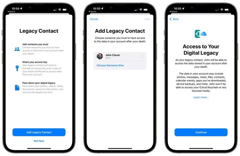O Legacy Contact pode ser ativado no app 