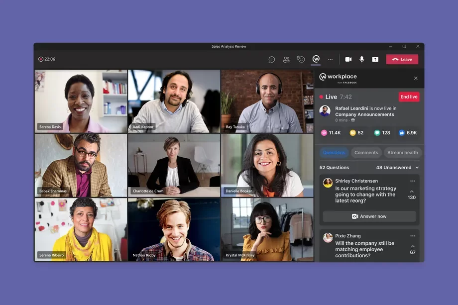 Imagem da integração entre o Microsoft Teams e o Workplace.