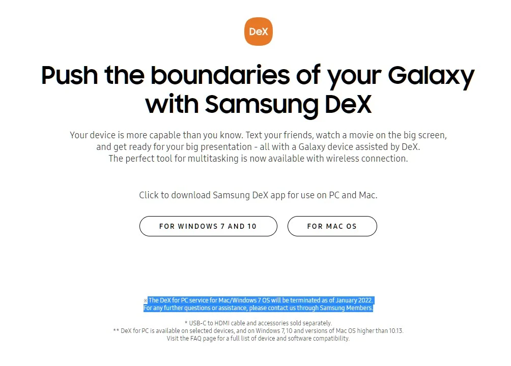 Aviso de encerramento de suporte na página oficial do Samsung Dex. (Fonte: Samsung via Sammobile / Reprodução)